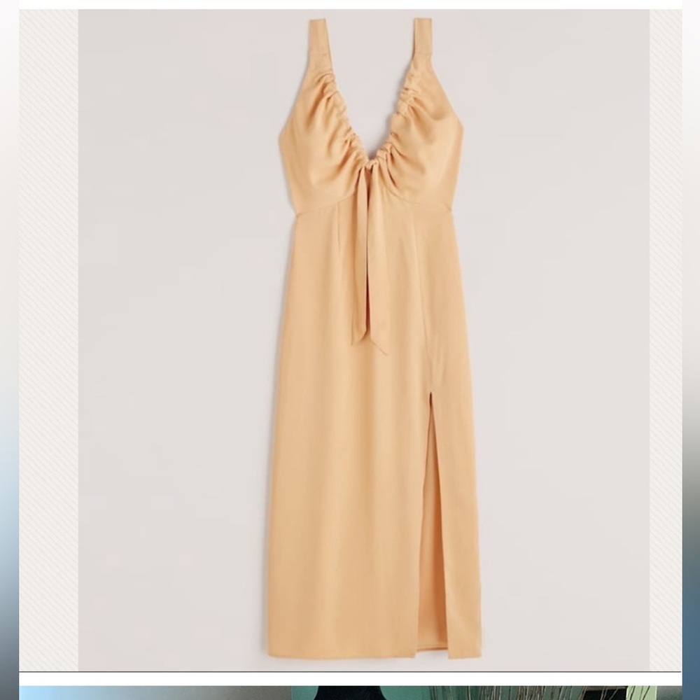 Abercrombie Orange cinched neck front ribbon tie midi slit dress.